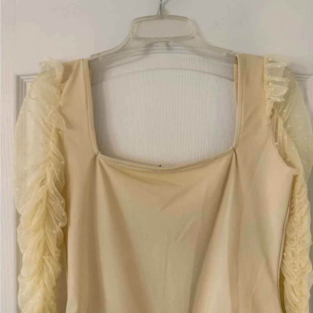 Free People Must Be Love Bodysuit Mesh Ruched Sleeve Square Neck in Ivory L